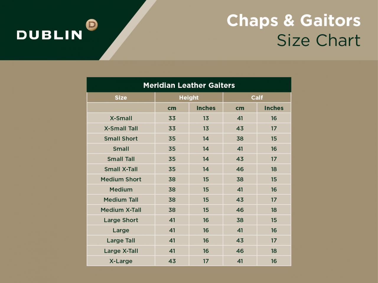 brogini gaiters size chart